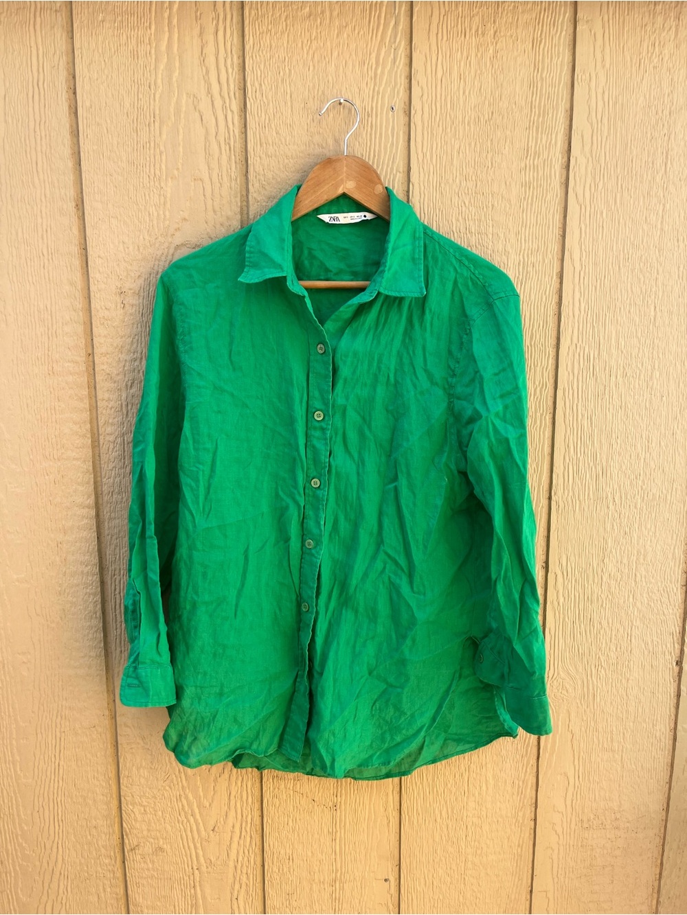 Zara Womens Boxy Green Linen Button-Up Shirt Point Collar Pockets S